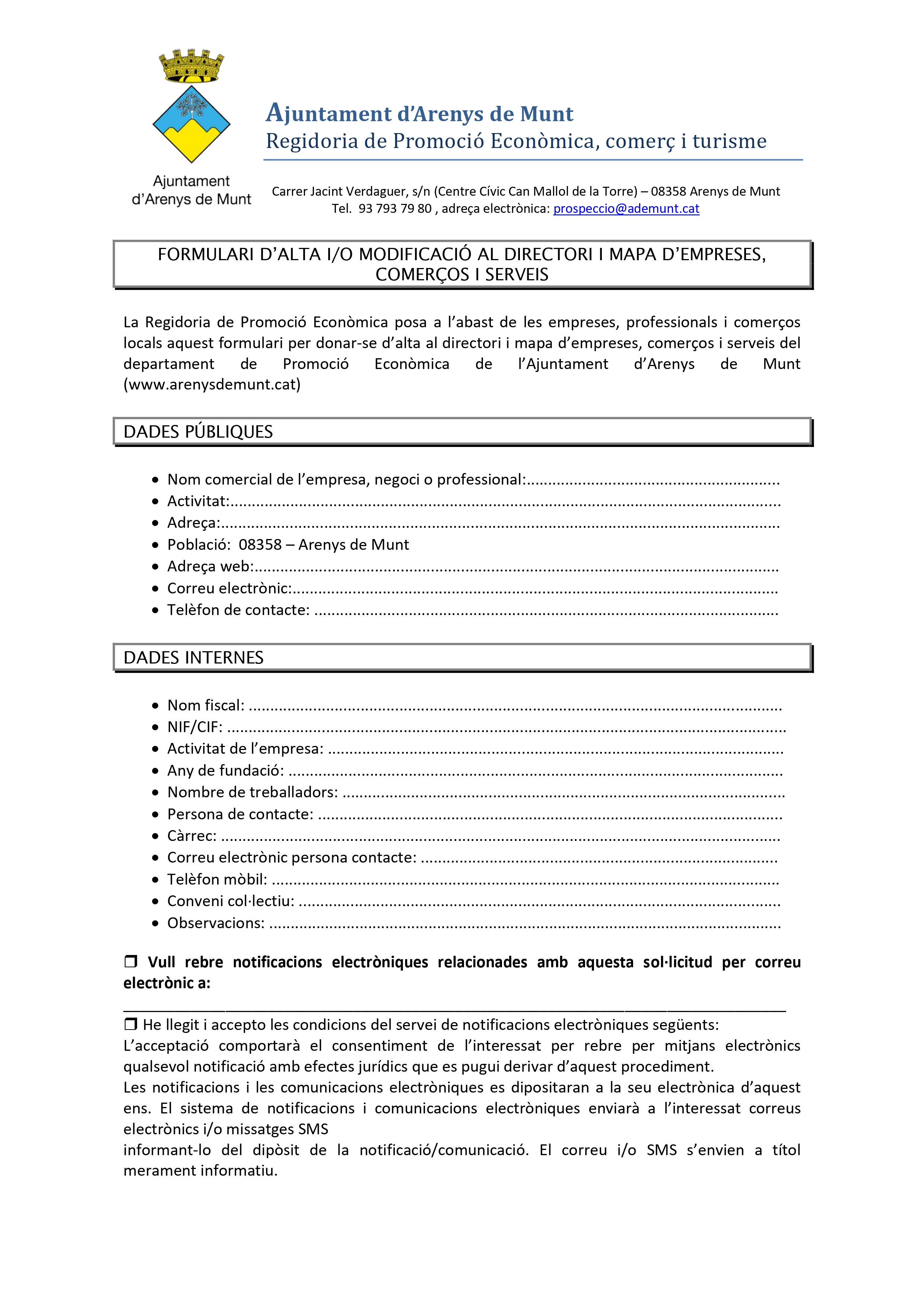 Formulari negocis Arenys de Munt
