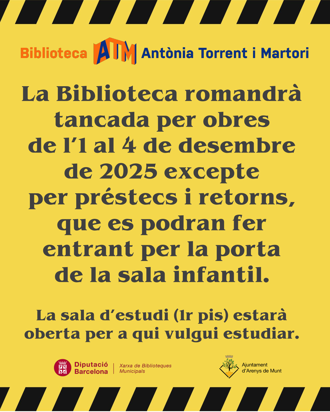 La biblioteca romandrà tancada per obres de l'1 al 4 de desembre de 2025