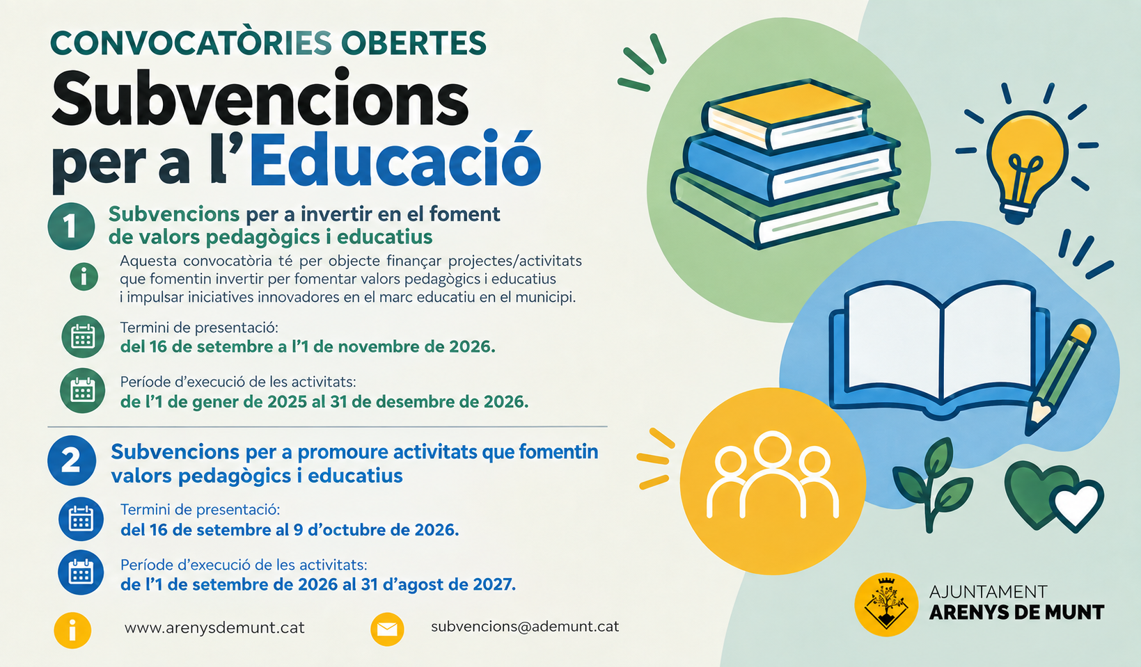 Obertes les convocat&ograve;ries de subvencions per impulsar l'educaci&oacute; a Arenys de Munt