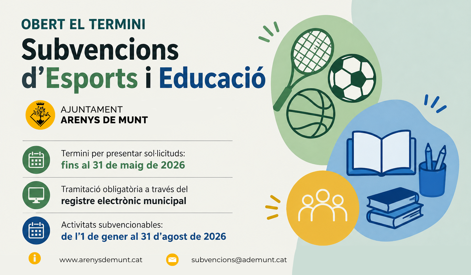 Obert el termini per sol&middot;licitar subvencions d'Esports i Educaci&oacute;